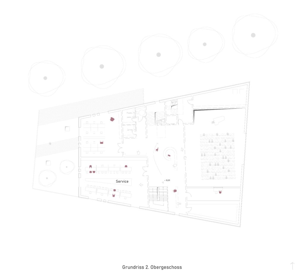 Ein Grundriss mit der Bezeichnung „Grundriss 2. Obergeschoss“, der verschiedene Räume und Bereiche innerhalb eines Gebäudes zeigt, mit Servicebereichen und einem großen Raum mit reihenförmig angeordneten Sitzgelegenheiten.