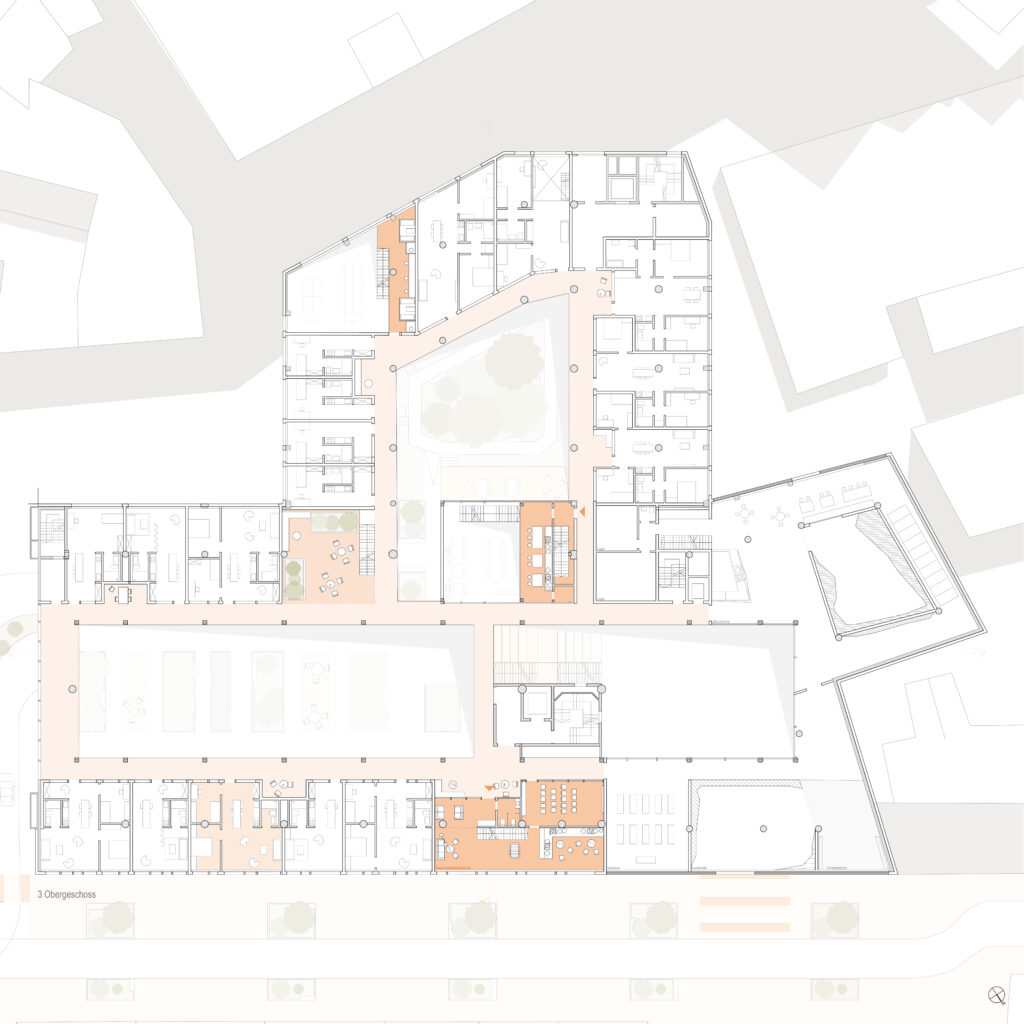 Der mit Archicad erstellte architektonische Grundriss zeigt ein mehrstöckiges Gebäudelayout, wobei Räume, Flure und Gemeinschaftsbereiche in Orange hervorgehoben sind. Der zentrale Bereich verfügt über einen offenen Innenhof, der unter der Leitung von Anna-Lena Schraven entworfen wurde.