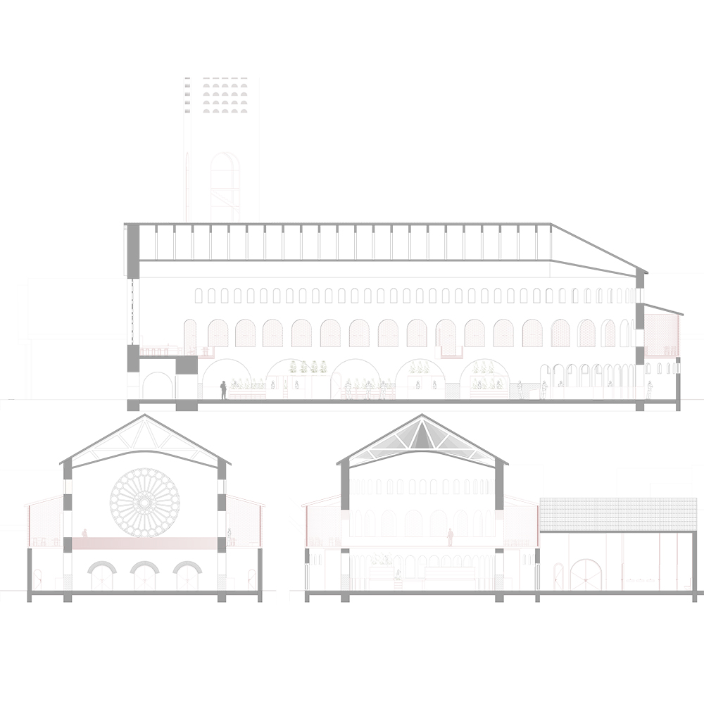 Architekturzeichnung eines Gebäudeabschnitts, die drei Querschnittsansichten mit detaillierten Innenelementen und strukturellen Merkmalen zeigt – ein perfektes Beispiel für Modeling Monday in Archicad.