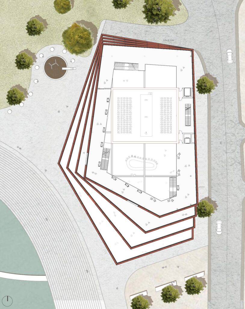 Architektonischer Entwurf eines mehrstöckigen Gebäudes mit einem einzigartigen eckigen Design, das Kurven und Ecken miteinander verbindet, umgeben von Bäumen und angrenzenden Gebäuden. Draußen sind Wege und ein kreisförmiger Sitzbereich sichtbar. Es wurde mit Archicad entworfen und strahlt die charakteristische Innovation von Gurur Gümüshan aus.