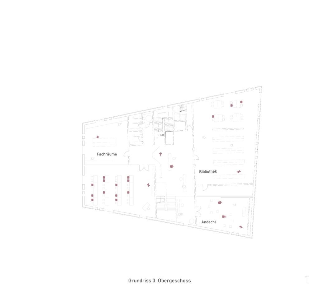 Grundriss der dritten Ebene mit den Bereichen „Fachräume“, „Bibliothek“ und „Andacht“ (Betraum).