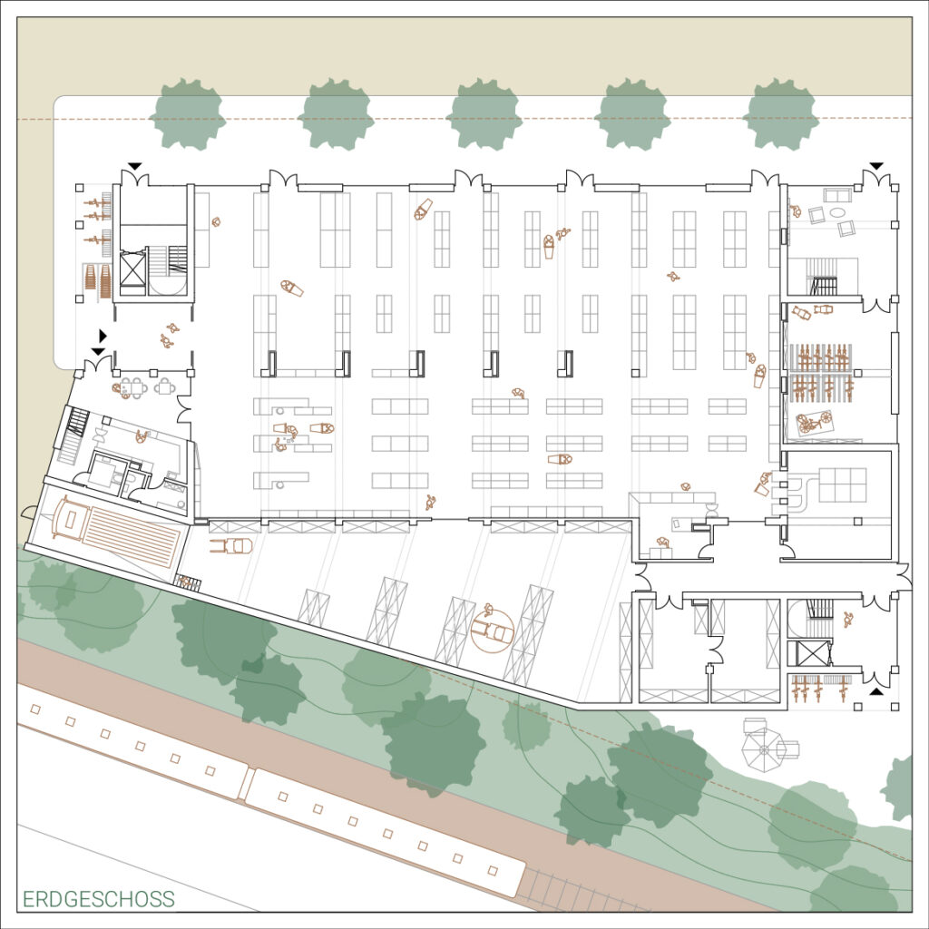 Mit Archicad erstellter architektonischer Grundriss mit beschrifteten Räumen und Wegen, mehreren Arbeitsbereichen, Fluren und einem Eingangsbereich. Das Design ähnelt dem WohnWelten-Stil von Torben Schönenberg mit Bäumen und Wegen, die außerhalb des Gebäudegrundrisses dargestellt sind.