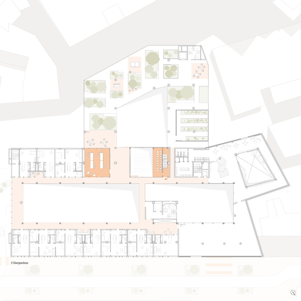 Ein mit Archicad erstellter architektonischer Grundriss zeigt Räume, offene Bereiche und hervorgehobene Abschnitte in Orange. Das Layout präsentiert auf elegante Weise verschiedene Sitzgelegenheiten, Wege und üppiges Grün in der Umgebung.