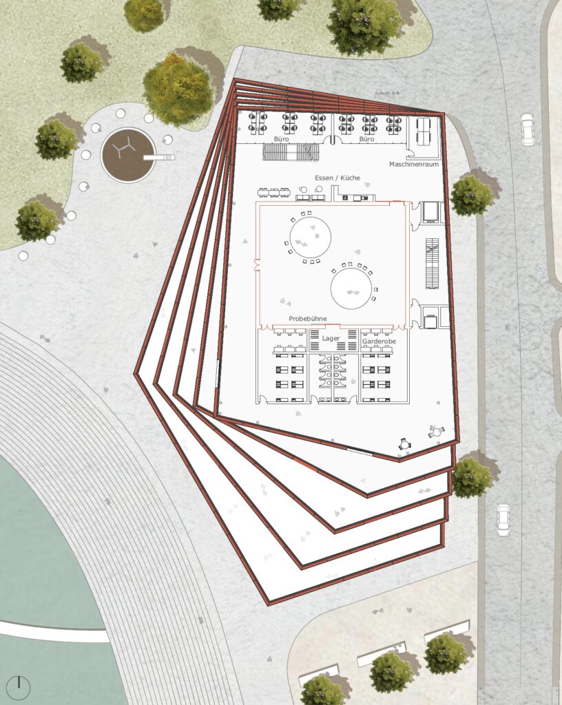 Architektonischer Lageplan mit einem mehrschichtigen, polygonalen Gebäude mit beschrifteten Räumen, entworfen mit Archicad. Der Grundriss umfasst Bäume, Wege und eine Straße mit geparkten Autos. Die Mischung aus Kurven und Ecken verleiht der Gesamtstruktur eine dynamische Note.