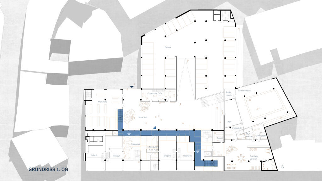 Entdecken Sie den detaillierten Grundriss, der mit höchster Präzision in Archicad erstellt wurde und beschriftete Räume und Wege zeigt. Dieser Grundriss umfasst Büros, Besprechungsräume und ein Café, wobei bestimmte Bereiche zur besseren Übersichtlichkeit sorgfältig blau hervorgehoben sind.