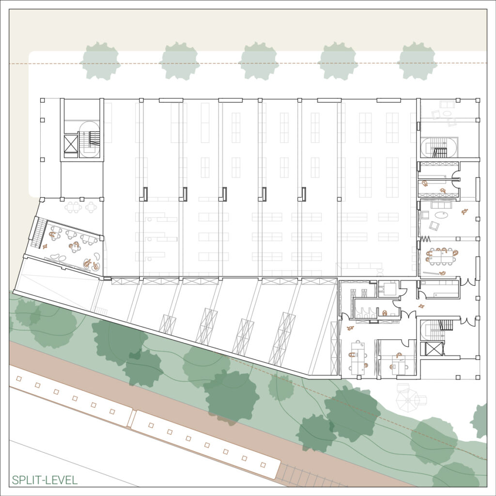 Dieser mit Archicad erstellte architektonische Grundriss zeigt ein Split-Level-Design mit ausgewiesenen Sitzbereichen und Einrichtungen, die alle harmonisch von Bäumen und Wegen umgeben sind – eine Vision, die an die Ästhetik von WohnWelten erinnert.