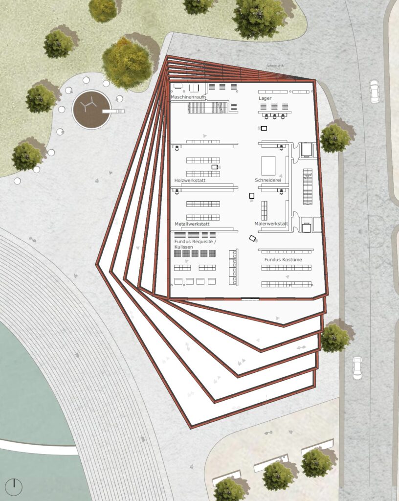 Mit Archicad erstelltes architektonisches Grundrissdiagramm, das einen mehrstöckigen Gebäudegrundriss mit beschrifteten Abschnitten wie Werkstätten und Lager zeigt. Umgeben von Straßen, Wegen und Bäumen fängt dieser Entwurf die Essenz des Modeling Monday ein.