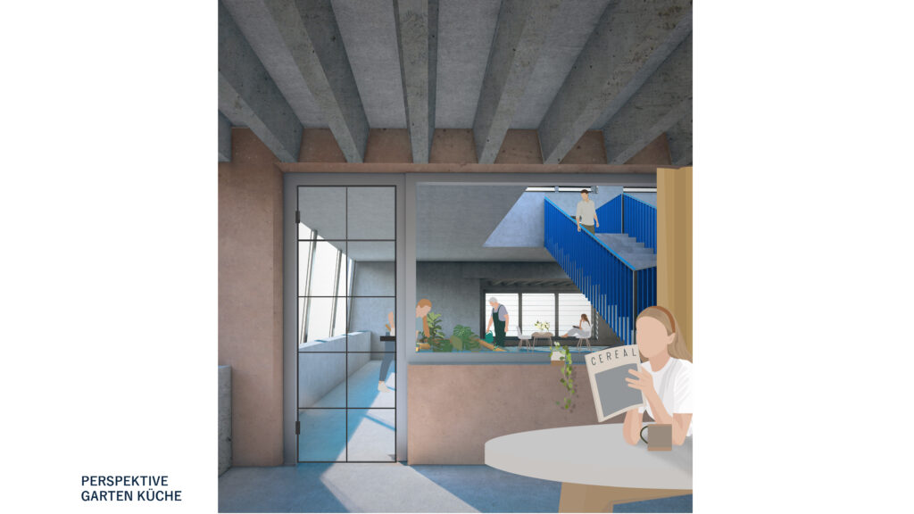 Diese Innenarchitektur-Darstellung zeigt einen mit Beton verkleideten Raum mit Menschen, die die Treppe benutzen, üppigen Topfpflanzen und einer Person, die im Vordergrund an einem Tisch liest; alles sorgfältig mit Archicad entworfen.