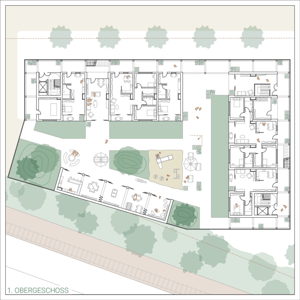 Entdecken Sie den architektonischen Grundriss dieses WohnWelten-Designs, das mehrere Räume um einen ruhigen Innenhof mit Bäumen und Wegen herum präsentiert. Der gekonnt mit Archicad entworfene Grundriss bietet beschriftete Bereiche sowie verschiedene Ein- und Ausgänge für eine nahtlose Bewegung.