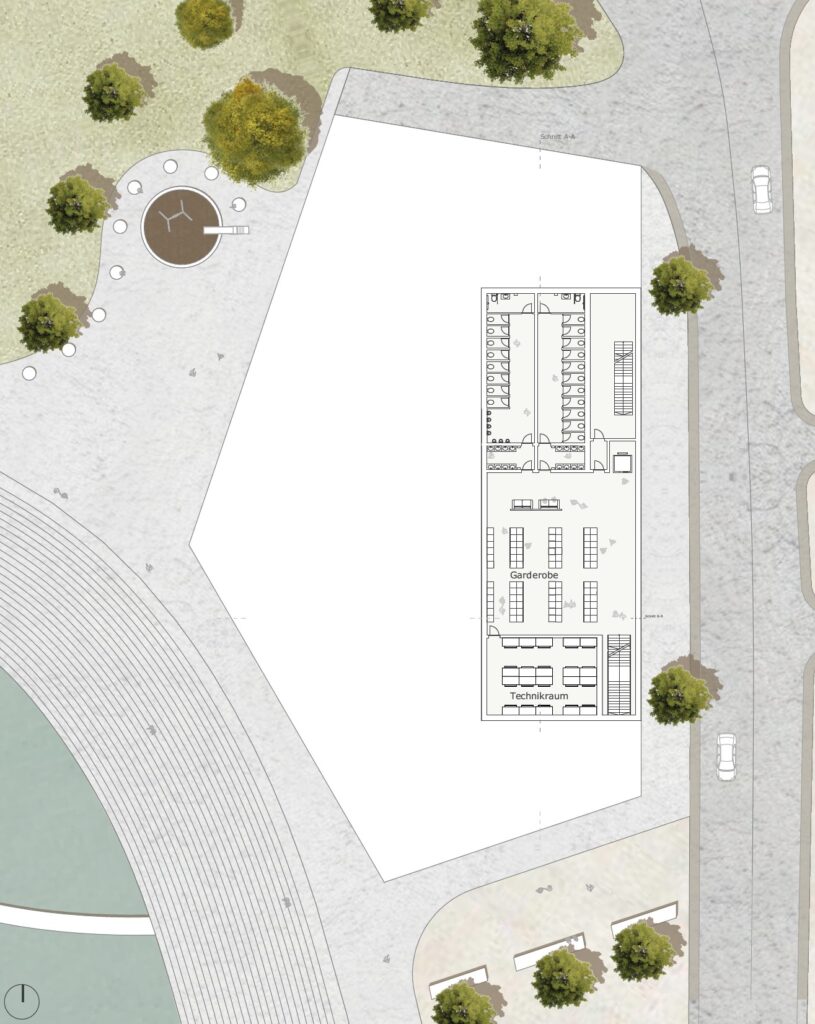 Der in Archicad entworfene architektonische Lageplan zeigt Bäume, anmutig fließende Wege mit Kurven und Ecken sowie einen Gebäudegrundriss in der Mitte. Dieser detaillierte Entwurf ist von Straßen und Parkflächen umgeben und schafft eine harmonische Mischung aus Natur und Struktur, die an die Arbeit von Gurur Gümüshan erinnert.