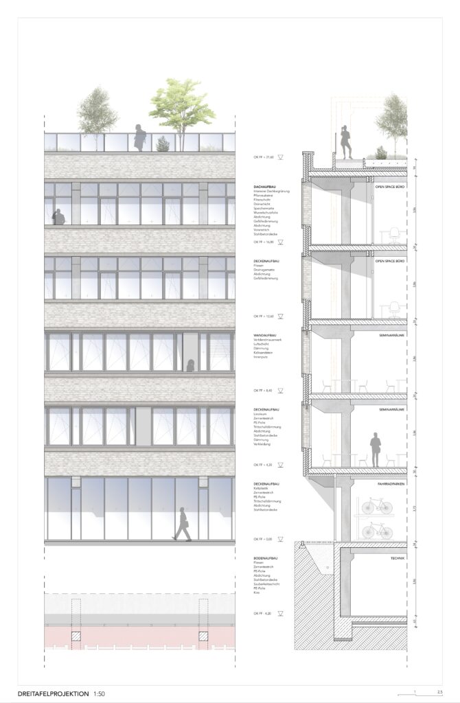 Architektonischer Schnitt und Aufriss eines fünfstöckigen Gebäudes mit Darstellung der Grundrisse, strukturellen Details und Innenräume mit Beschriftungen für verschiedene Räume und Bereiche.