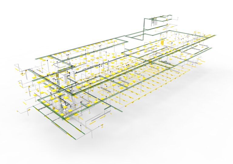 Ein dreidimensionales architektonisches Drahtgittermodell eines Gebäudes, das das strukturelle Gerüst mit Verbindungsbalken und Stockwerken hervorhebt, dargestellt in Grün und Gelb auf weißem Hintergrund.