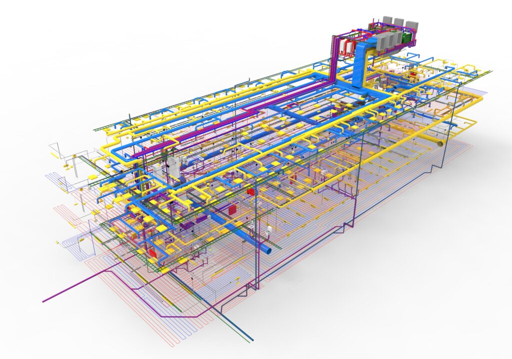 Ein 3D-Architekturmodell, das komplexe, mehrfarbige Rohrleitungs- und Kanalsysteme in einem Gebäude veranschaulicht.