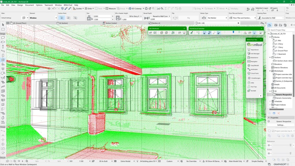 Ein 3D-Modell-Bildschirmfoto eines Innenraums in einer Architekturdesign-Software, das Fenster, Türen und strukturelle Details mit bunten Drahtgitter- und Rasterüberlagerungen zeigt.