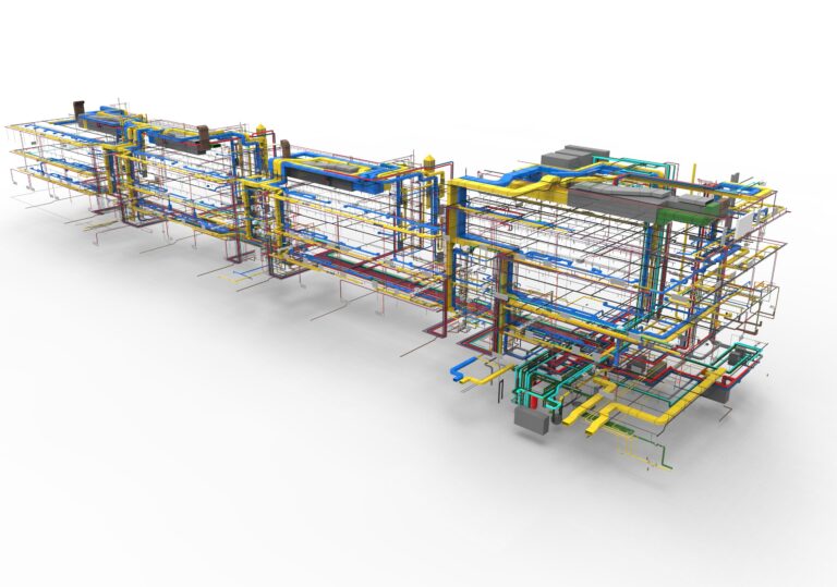 Komplexes 3D-Modell der mechanischen, elektrischen und Sanitärsysteme eines Gebäudes in einem mehrfarbigen Layout, das vor einem weißen Hintergrund die miteinander verbundenen Rohre und Leitungen zeigt.