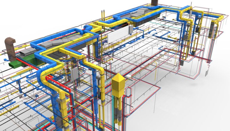 Ein 3D-Modell eines komplexen Netzwerks aus bunten Rohren und Kanälen, das die Heizungs-, Lüftungs- und Sanitärsysteme eines Gebäudes im Detail darstellt.