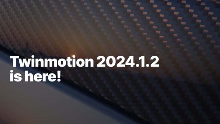 Die Textüberlagerung auf einem eleganten Kohlefaser-Hintergrund lautet „Twinmotion 2024.1.2 ist da!“ und bietet hochmoderne Visualisierungen, die Ihre Projekte mit optimierten SEO-Schlüsselwörtern für eine größere Reichweite aufwerten.