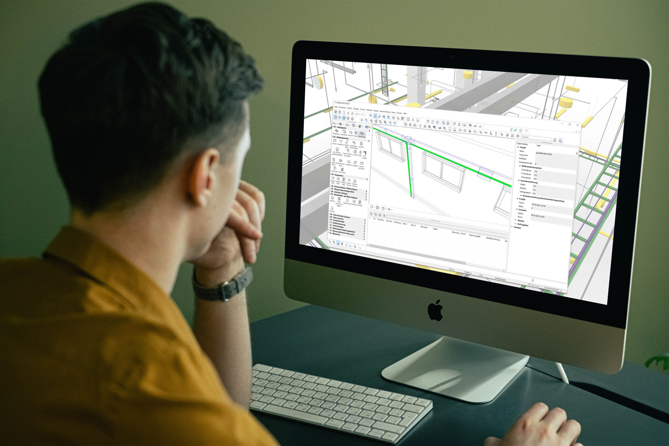 Eine Person ist völlig vertieft in die Erstellung komplexer Entwürfe auf einem Desktop-Computer mit Archicad und stellt damit ihre Fachkompetenz im Bereich Architekturentwurfssoftware zur Schau.