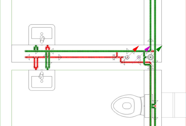 Sanitärschema mit Rohren und Armaturen, darunter zwei Waschbecken und eine Toilette, mit roten und grünen Linien, die die Fließrichtung des Wassers anzeigen.