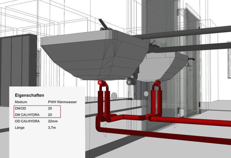 3D-Darstellung eines Sanitärsystems mit roten Rohren, die Doppelwaschbecken verbinden. In einem Feld werden Spezifikationen angezeigt, darunter DN/CALHYDRA 20- und DN/OD-Werte.