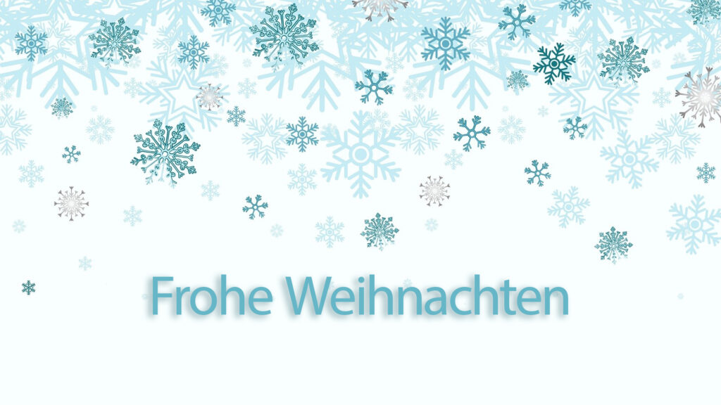 Schneeflocken tanzen über einen hellblauen Hintergrund mit dem festlichen Gruß „Frohe Weihnachten“ zur Feier der Feiertage.