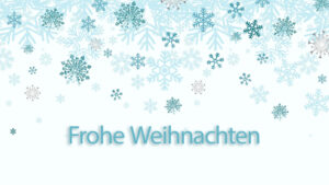 Schneeflocken tanzen über einen hellblauen Hintergrund mit dem festlichen Gruß „Frohe Weihnachten“ zur Feier der Feiertage.